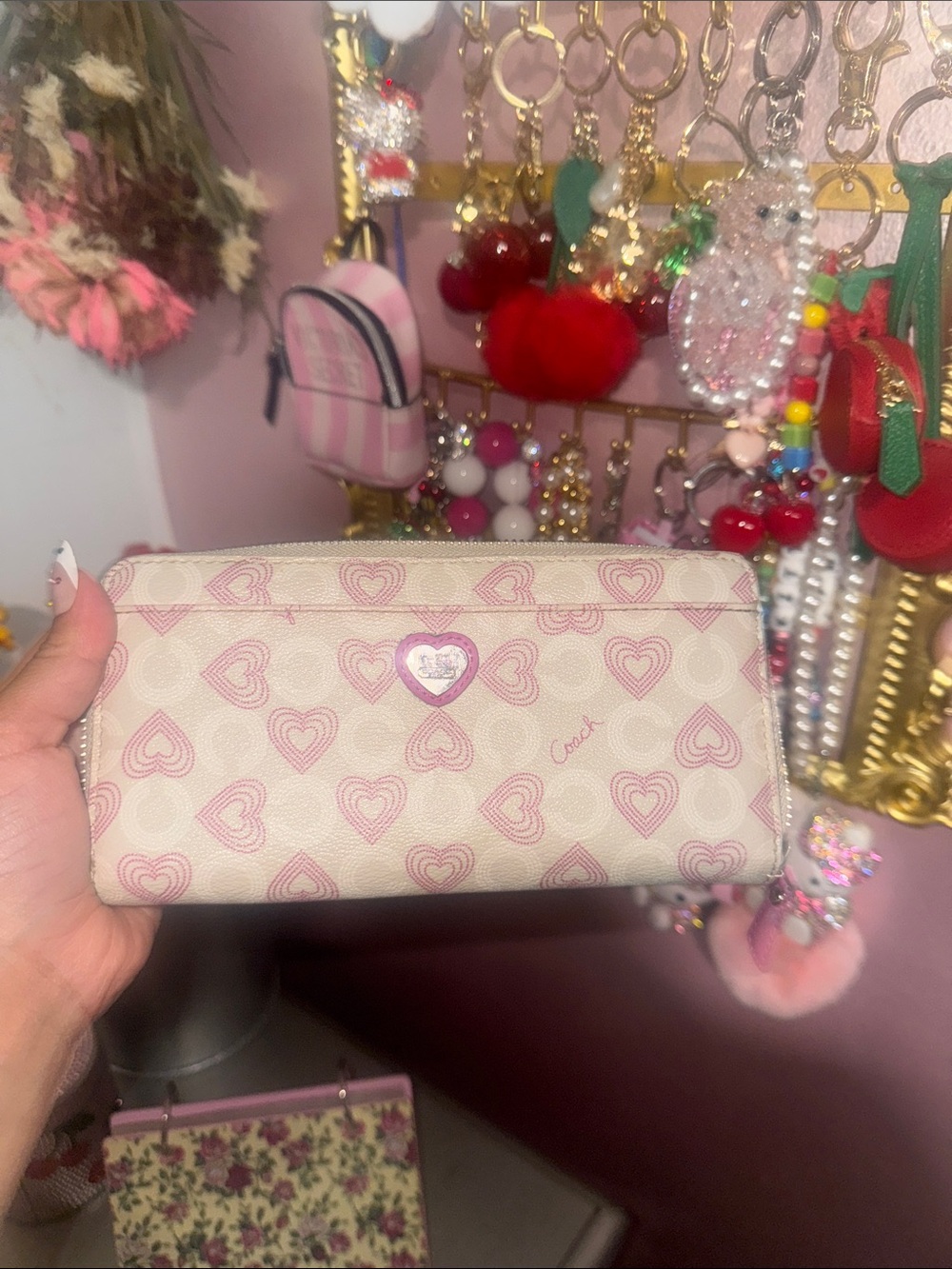 Coach Pink and Cream Heart Zip Card Holder